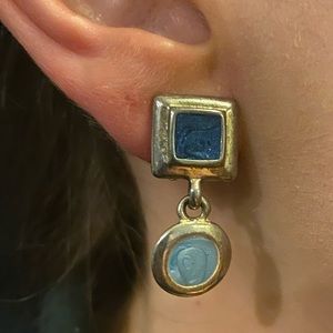 CLIP On Earrings. Silver Tone Metal With Blue Enamel.